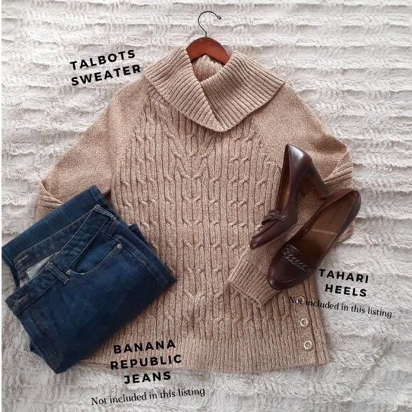 Talbots Women's Cable Knit Medium Cowl Neck Caramel Brown Sweater Long Sleeve - Picture 7 of 10